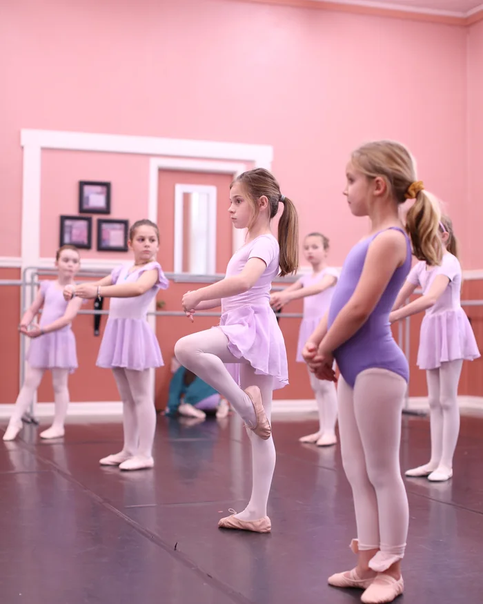 A line of young dancers in pink and lilac leotards working through a step across the studio